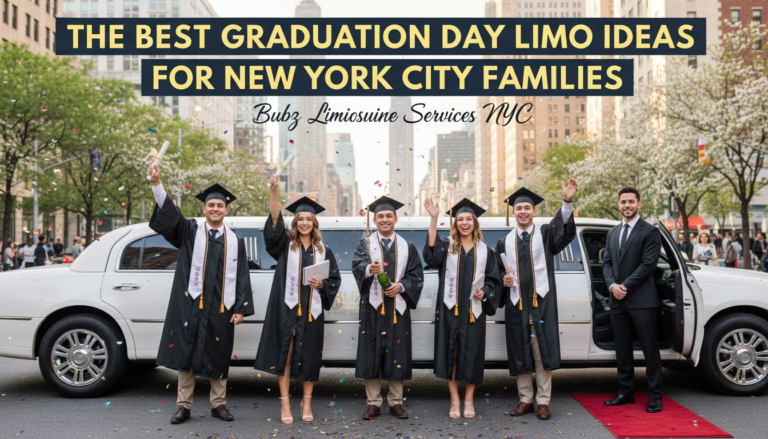 Graduates celebrating in front of limousine in NYC