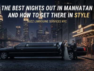 Stretch limousine outside Manhattan nightclub at night skyline.