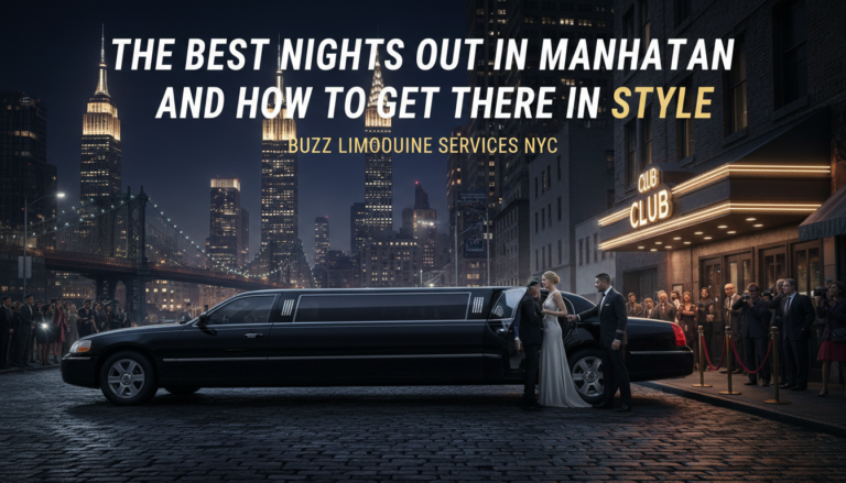 Stretch limousine outside Manhattan nightclub at night skyline.