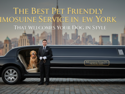 Chauffeur with dog beside pet-friendly limousine in NYC