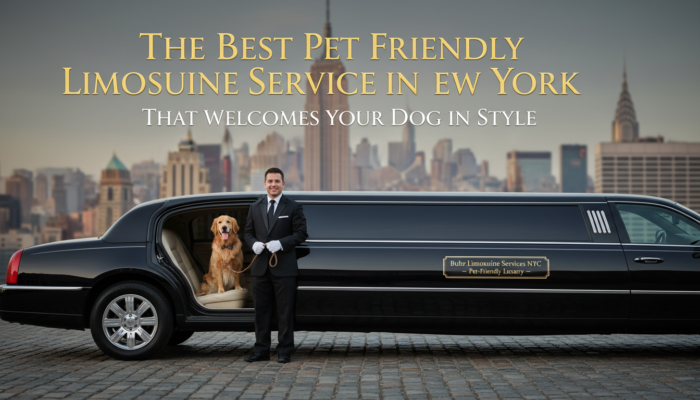 Chauffeur with dog beside pet-friendly limousine in NYC