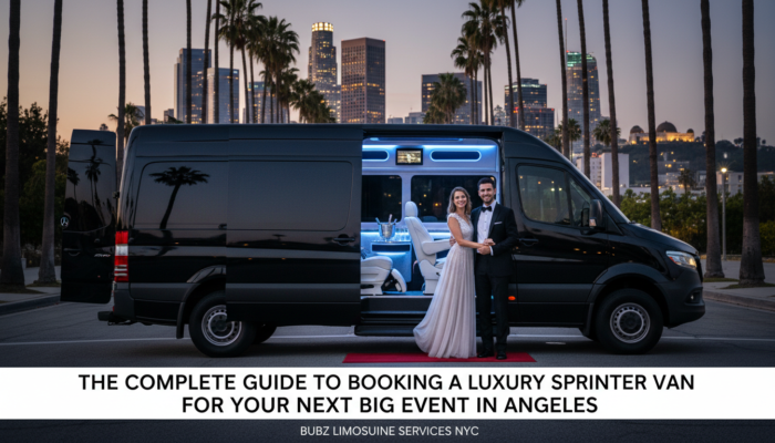 Bride and groom beside luxury sprinter van downtown skyline