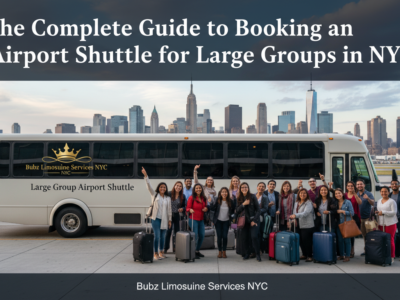 Large group with luggage boarding NYC airport shuttle