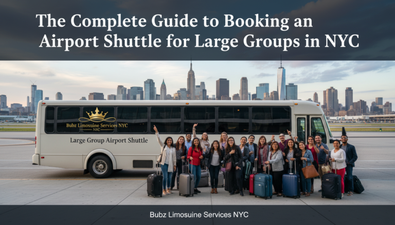Large group with luggage boarding NYC airport shuttle
