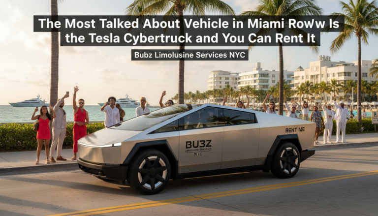 Tesla Cybertruck parked on Miami street with palm trees