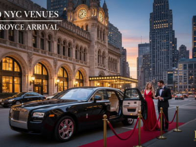 Couple arriving in Rolls-Royce on NYC red carpet