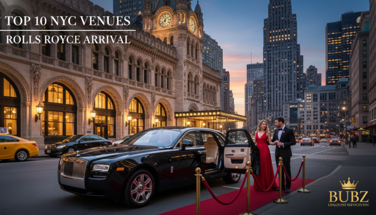 Couple arriving in Rolls-Royce on NYC red carpet