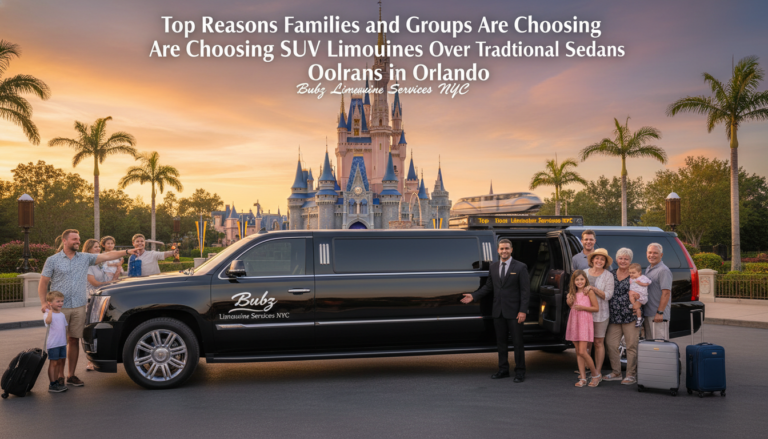 Family with SUV limousine near Orlando castle at sunset