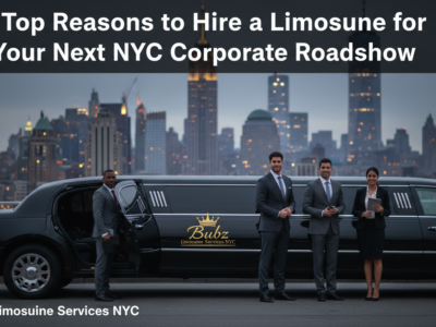 Business professionals beside limousine with NYC skyline