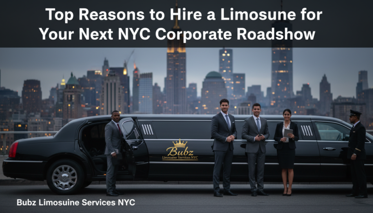 Business professionals beside limousine with NYC skyline