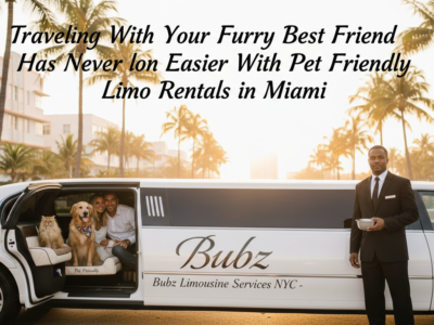 Pet-friendly limousine with couple and dogs in Miami