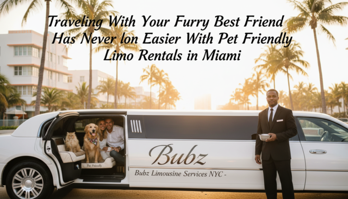 Pet-friendly limousine with couple and dogs in Miami