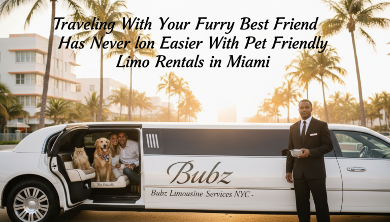 Pet-friendly limousine with couple and dogs in Miami