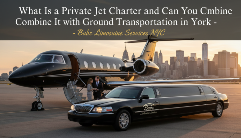 Private jet and limousine with NYC skyline