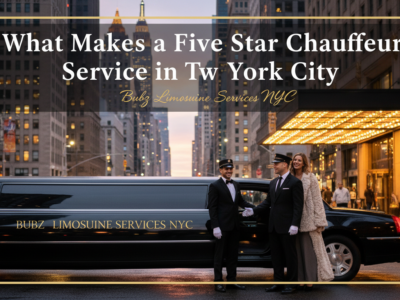 Luxury limousine with chauffeurs outside NYC hotel at dusk