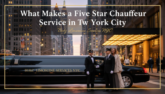 Luxury limousine with chauffeurs outside NYC hotel at dusk