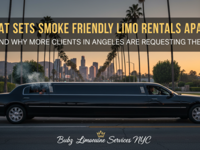 Black stretch limousine on Los Angeles street at sunset