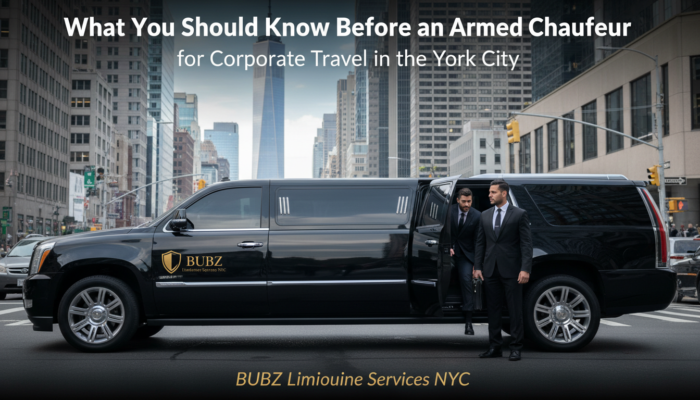 Black limousine with security chauffeurs in NYC