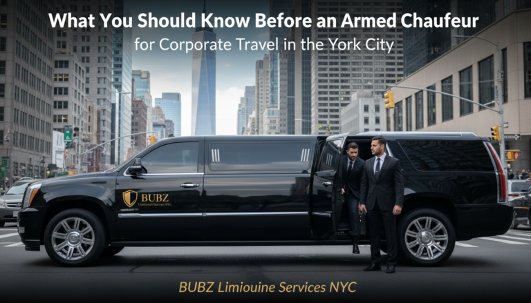 Black limousine with security chauffeurs in NYC