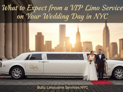 Bride and groom beside white stretch limousine NYC