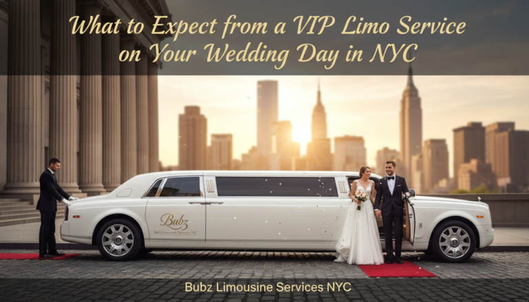 Bride and groom beside white stretch limousine NYC