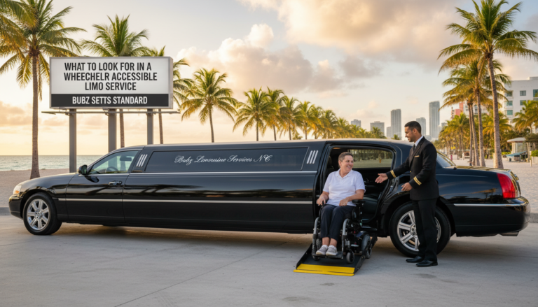 Wheelchair-accessible limousine with ramp and chauffeur assisting passenger
