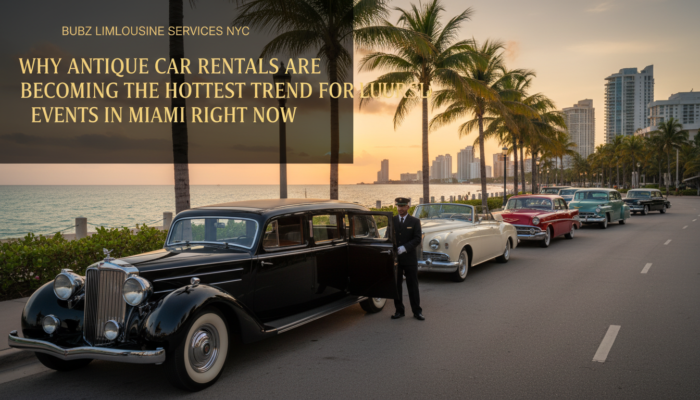Vintage cars lined up along Miami beach at sunset