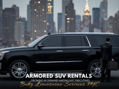 Black armored SUV with chauffeur in NYC skyline