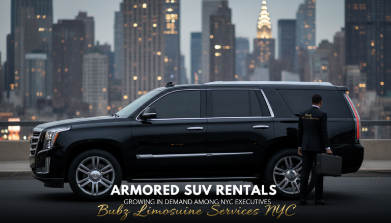 Black armored SUV with chauffeur in NYC skyline