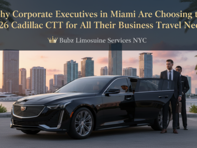 Black Cadillac sedan with executives in Miami skyline
