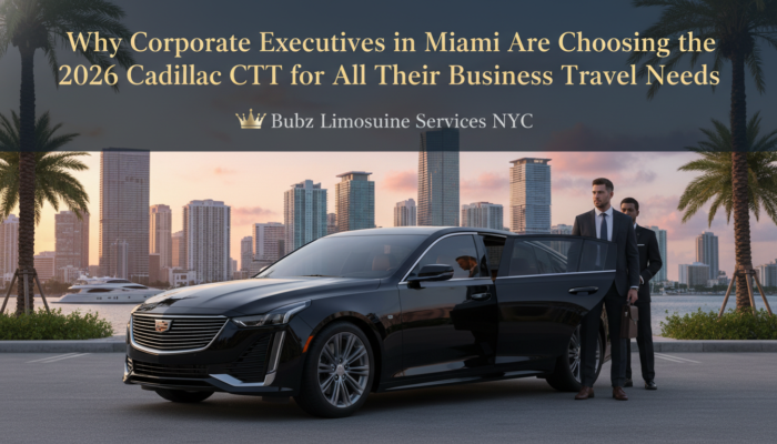 Black Cadillac sedan with executives in Miami skyline