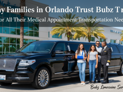 Family with chauffeur beside black limousine outside medical building
