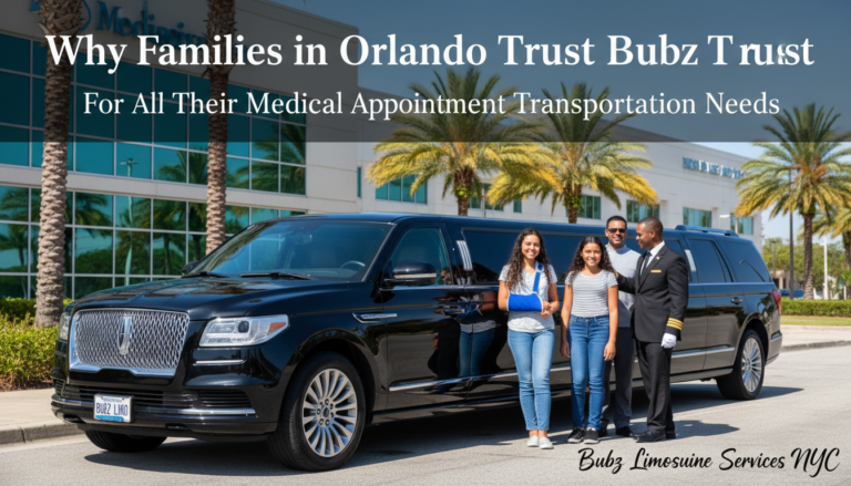Family with chauffeur beside black limousine outside medical building