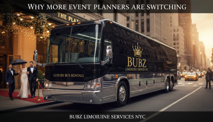 Luxury bus rental in NYC with wedding couple