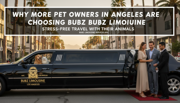 Black limousine with dog and cat, couple boarding