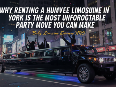 Black stretch Hummer limousine with party crowd at night