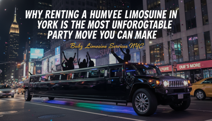 Black stretch Hummer limousine with party crowd at night