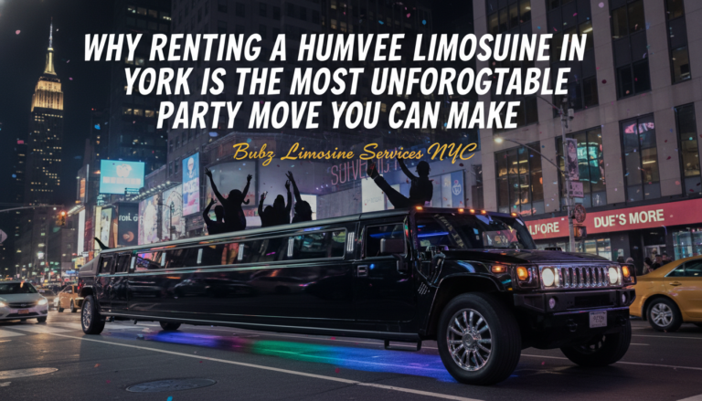 Black stretch Hummer limousine with party crowd at night