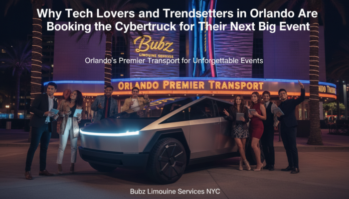 Group posing with Tesla Cybertruck outside Orlando venue
