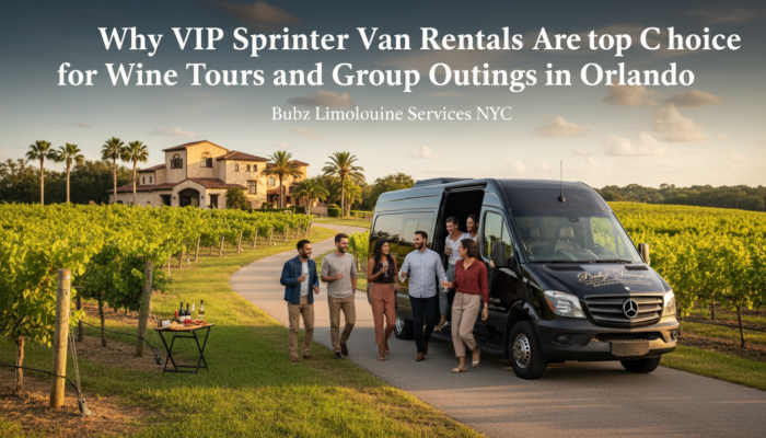 Group exiting luxury sprinter van at vineyard winery