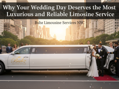 Bride and groom exiting white stretch limousine