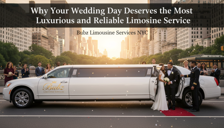 Bride and groom exiting white stretch limousine