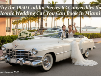 Bride and groom in vintage Cadillac convertible by beach