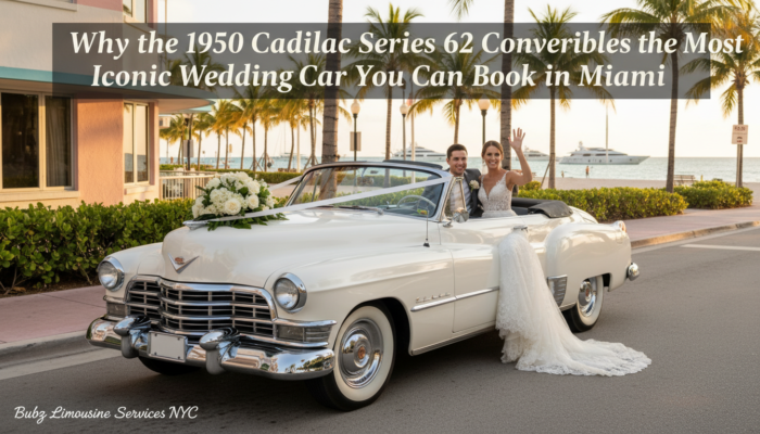 Bride and groom in vintage Cadillac convertible by beach