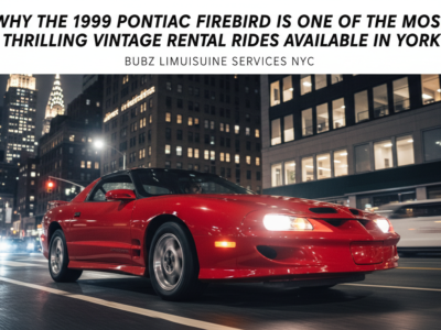 Red 1999 Pontiac Firebird driving in NYC at night
