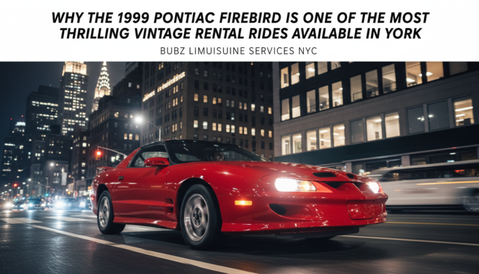 Red 1999 Pontiac Firebird driving in NYC at night