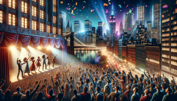 Outdoor concert with cheering crowd and city skyline