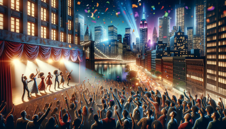 Outdoor concert with cheering crowd and city skyline