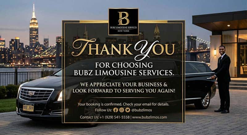 Luxury limousine with chauffeur and thank you message banner