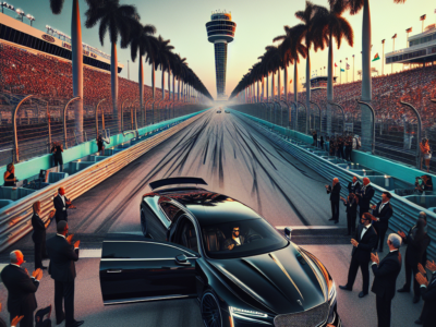 Luxury car at racetrack starting line with crowd
